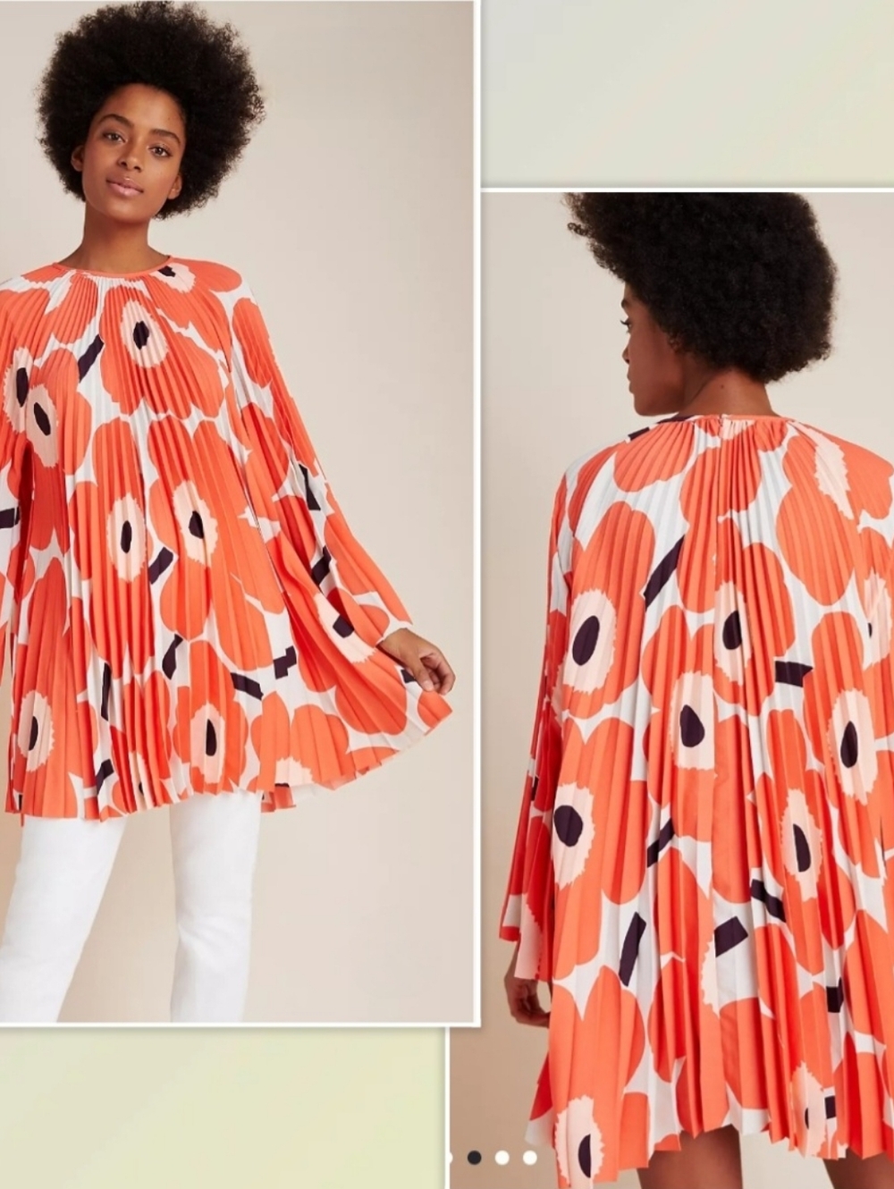 Marimekko Lepatus Unikko Pleated Tunic or Mini Dress Boho Mod Floral Print XL - Picture 2 of 9